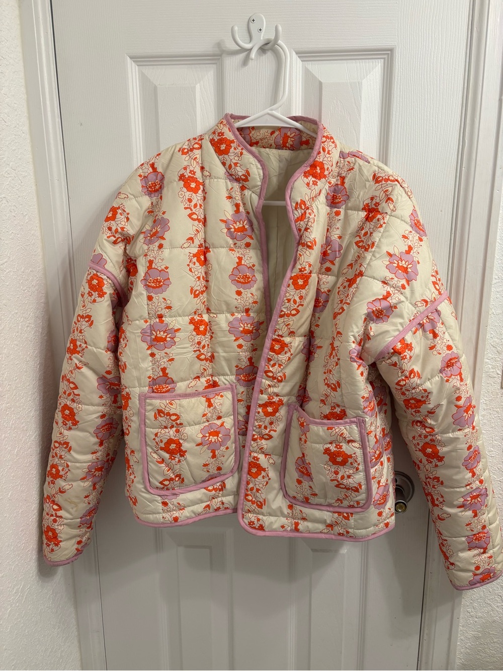 Amazon Quilted Puffer Jacket in Cream, Pink & Orange Floral
